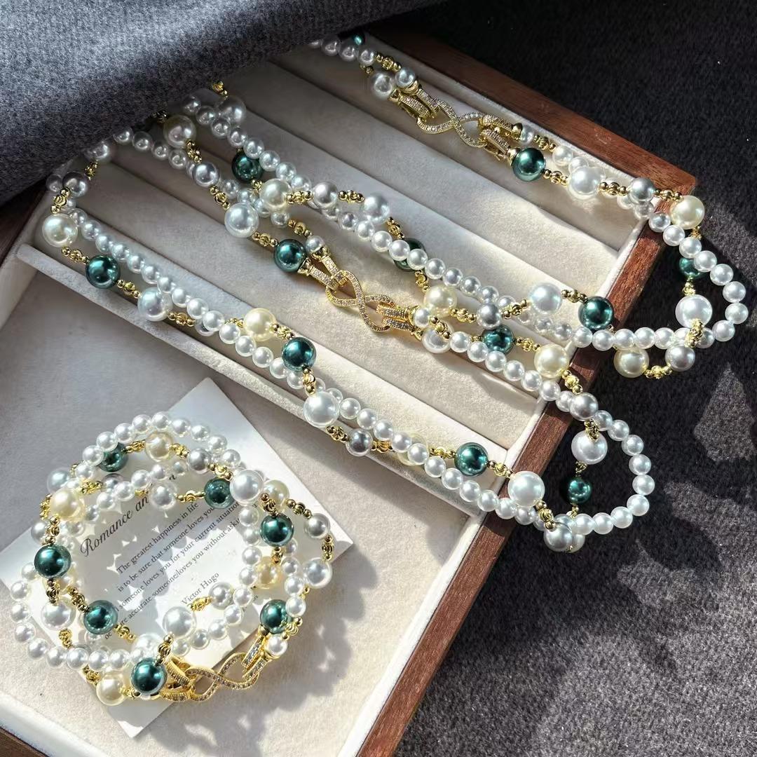 

Vintage Malachite Green Faux Crystal Pearl Multi-Layer Winding Design Sense Collarbone Chain Necklace