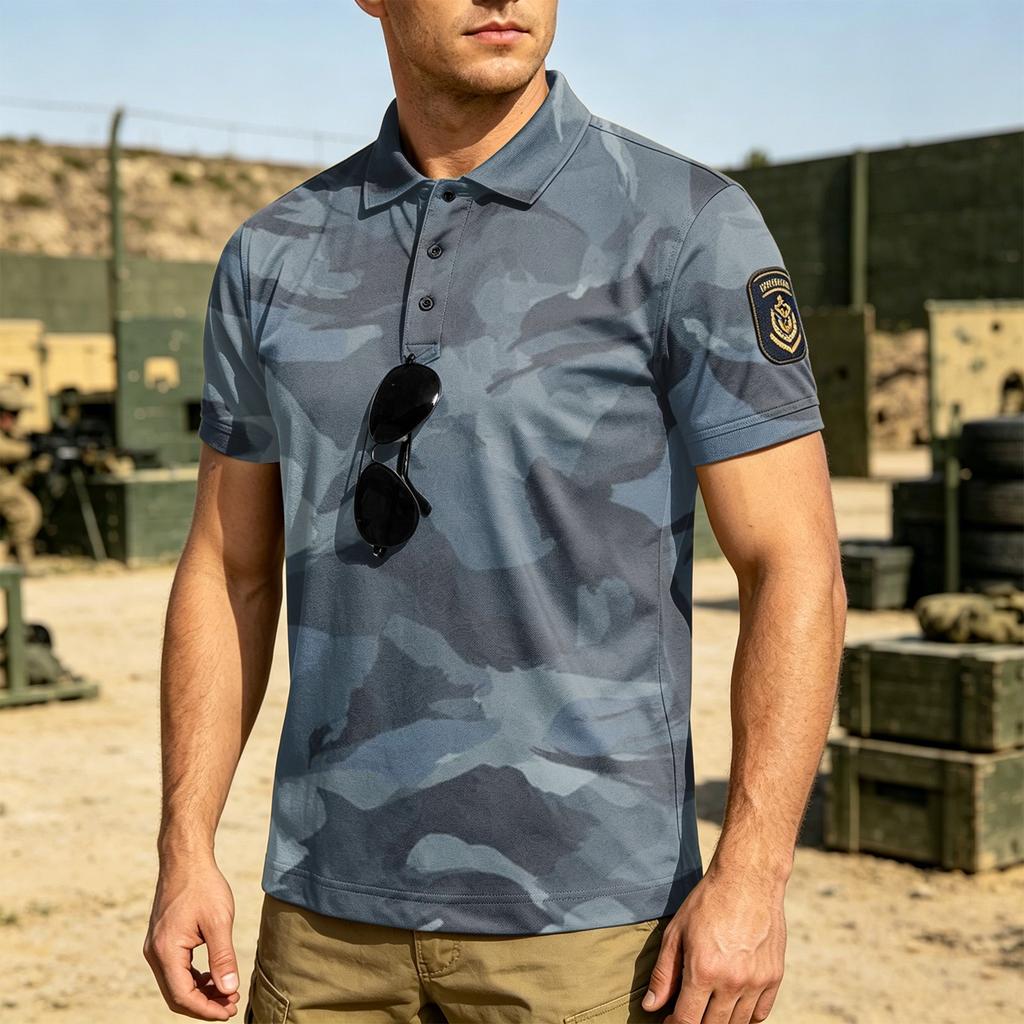 Men Tactical Polo Shirt with Hook and Loop Patch Short Sleeve Digital Print Turn Down Collar Loose Fit Outdoor Quick Dry Top