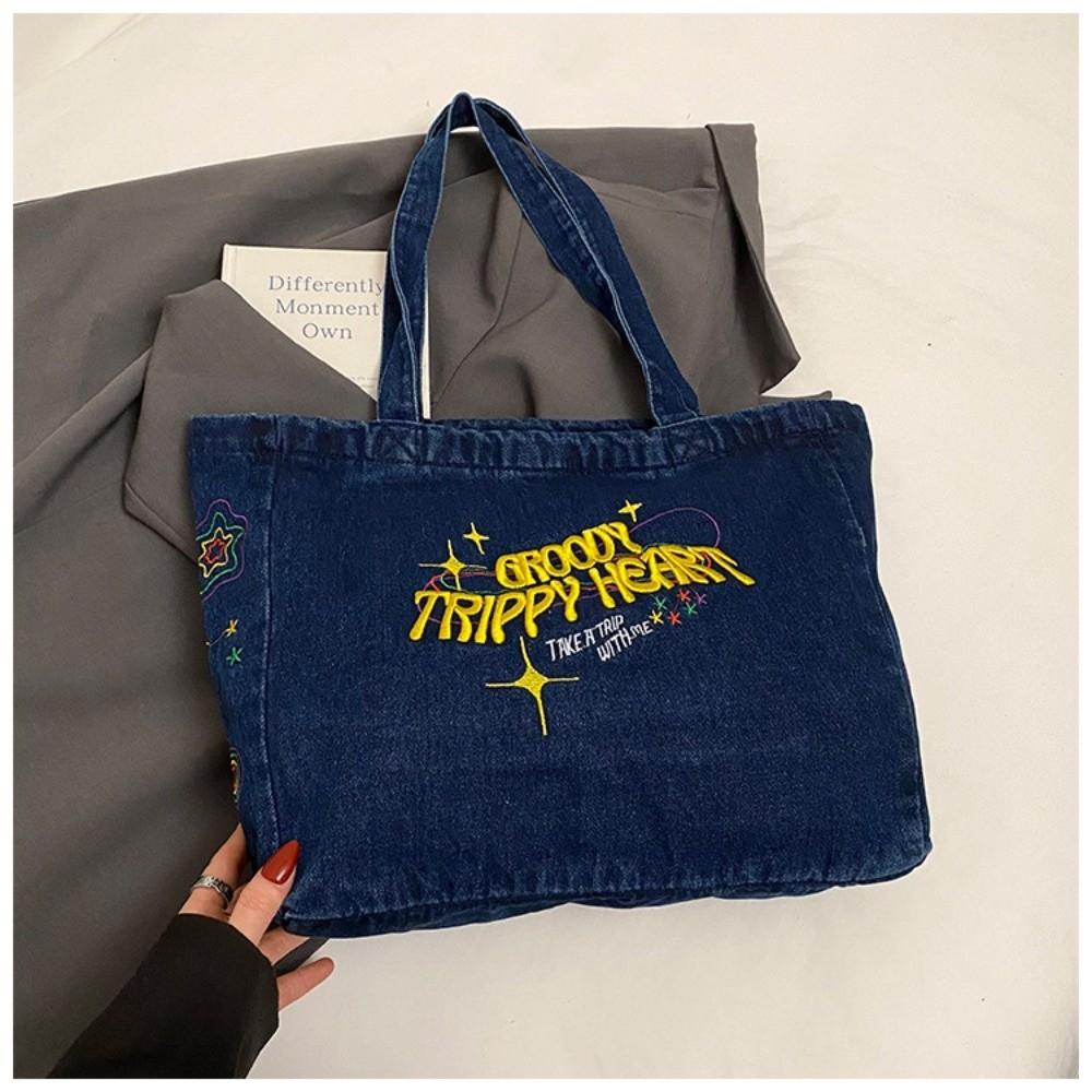 

Large Capacity American Vintage Handbag Tote Bag Letter Embroidery Shoulder Bag Students темно-синий