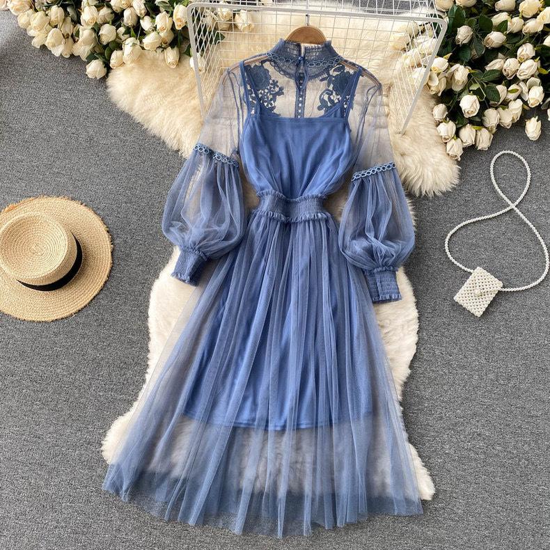 Women's Dress Three-dimensional Flowers Mesh Temperament Collar Lantern Sleeve High-waisted Dresses