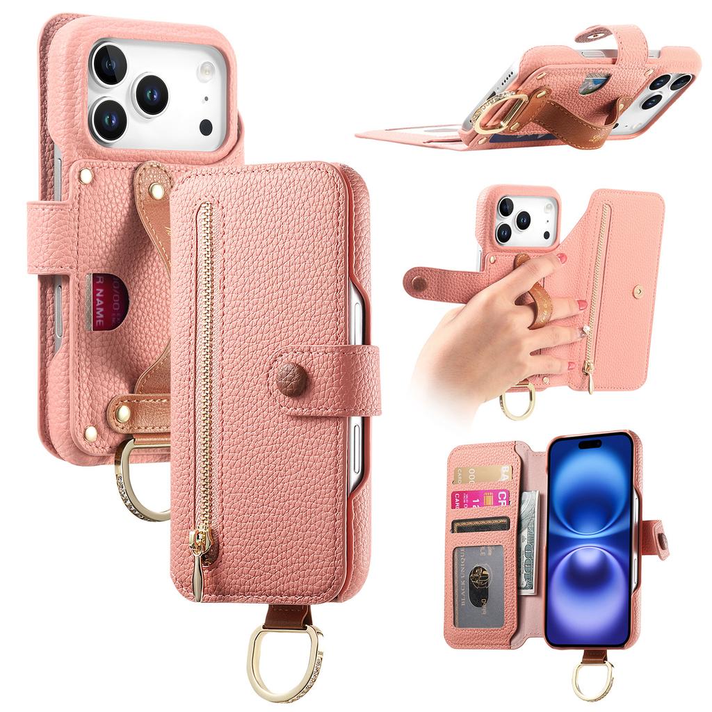 Luxury Zipper Cards Solt Wristband Wallet Leather Ring Holder Case For iPhone 17 Pro Max 16 Plus 15 14 13 12 Kickstand Bag Cover