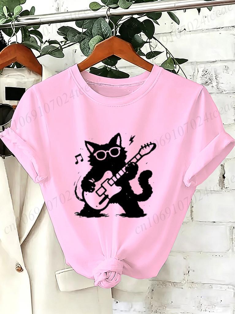 Rock Cat T-Shirts,Grunge Punk Tee Aesthetic,Abstract Guitar Women's Tee Shirts,Music Lover Gift,Quirky Animal Graphic T-Shirts