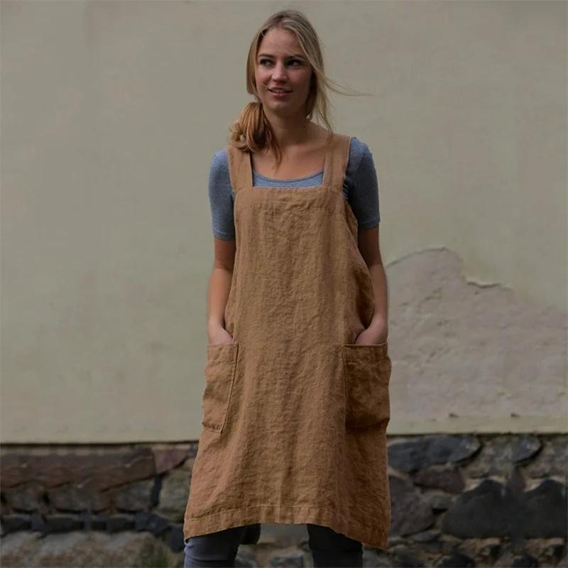AA Japan Style Cotton Linen Aprons Solid Color Cross Bandage X Shape Back Kitchen Cooking Clothes