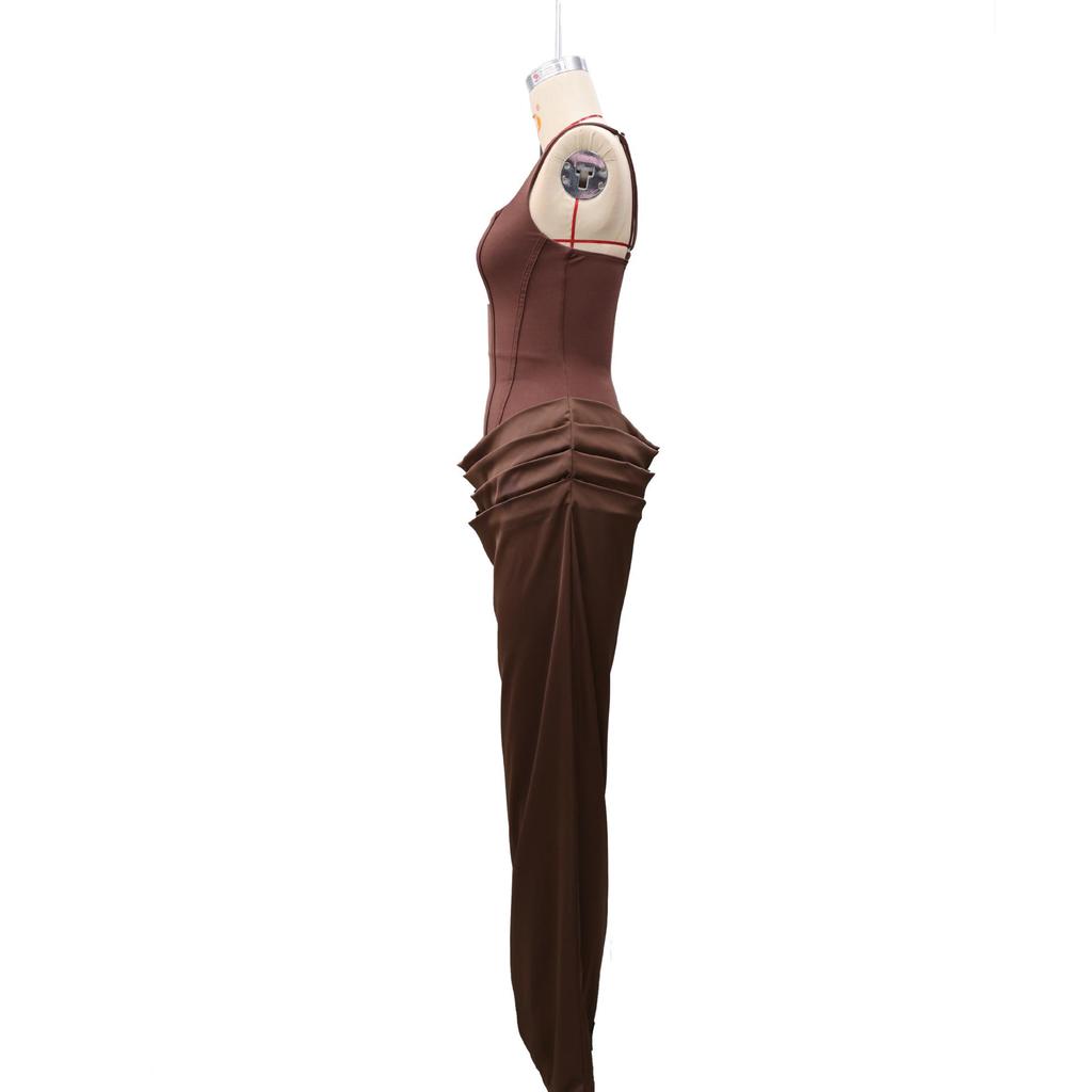 2026 European Style Spring Solid Color Sleeveless Slim-fit Pleated Square Neck Dress