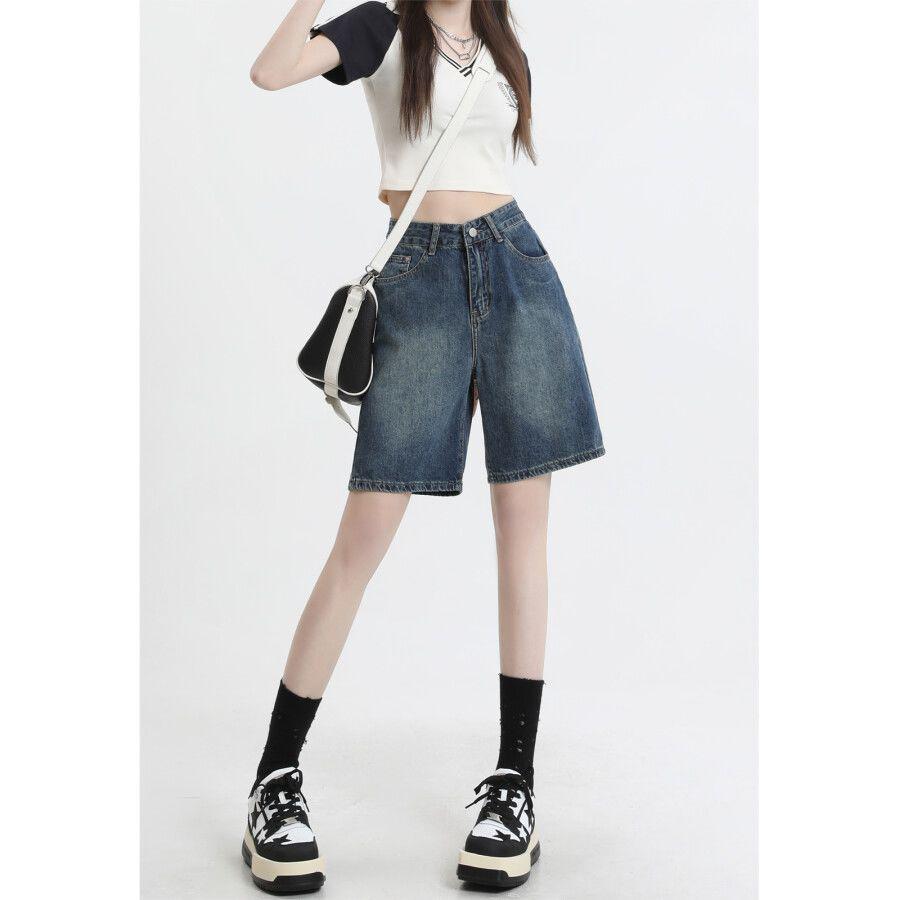 Women's High-Waisted Retro Denim Shorts - Trendy, Versatile, Slimming, Loose-Fit, Summer Five-Point Pants.