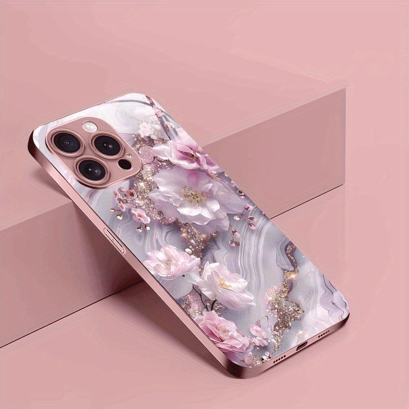 Pink Dream Cherry Blossom Pattern Metallic Paint Glass Phone Case For iPhone 11 12 13 14 15 16 17 Pro Max Plus 17Air 16E Cover