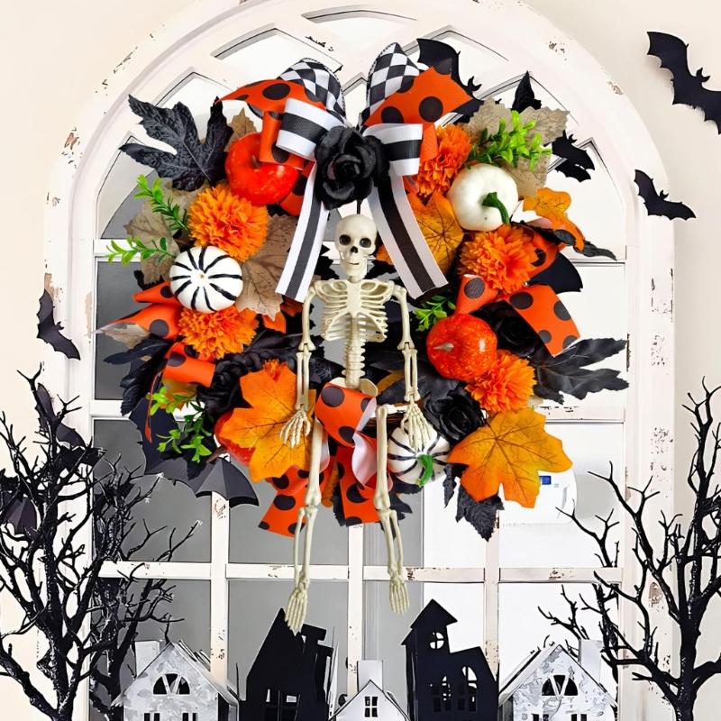 Realistic Faux Maple Leaf Pumpkins Skull Branch Wreath Durability Waterproof Halloween Autumn Home Outdoor Decors