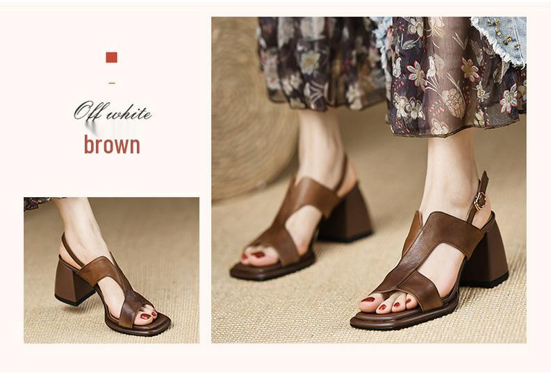 Women's Retro Brown Chunky Heel Sandals - Open-Toe, Single Strap, Comfortable High Heels