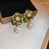 Vintage Metal Pearl Flower Drop Earrings for Women Exquisite Brown Drip Oil Irregular Petal Temperament Earrings Wedding Zircon