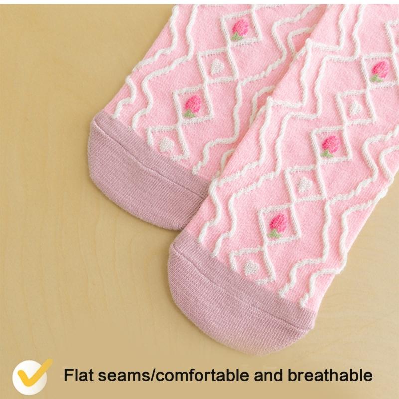 Children's Knee Length Cotton Socks Baby Girls Long Tube Socks Soft Stockings Flower Pattern for School Uniforms