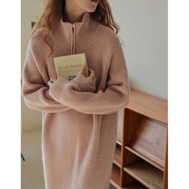 Semi-turtleneck zipper sweater skirt women's autumn and winter simple casual loose solid color knitted dress