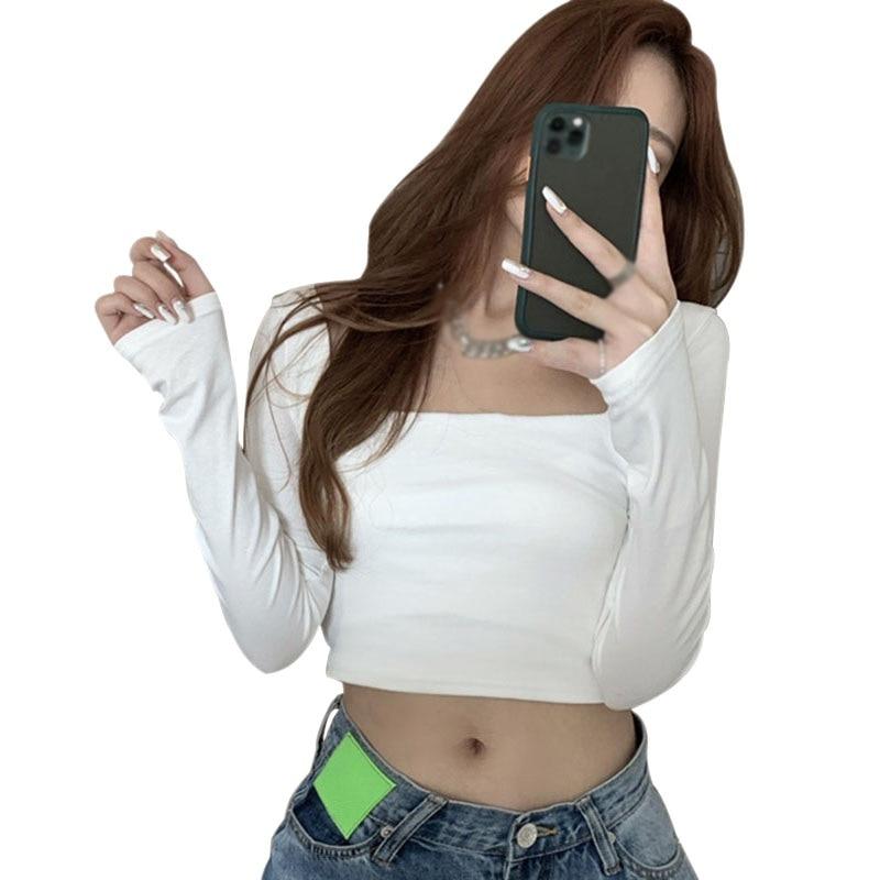 

Корейская футболка с квадратным воротником, женская весенне-осенняя повседневная тонкая футболка с длинным рукавом и открытым пупком, топ XL белый