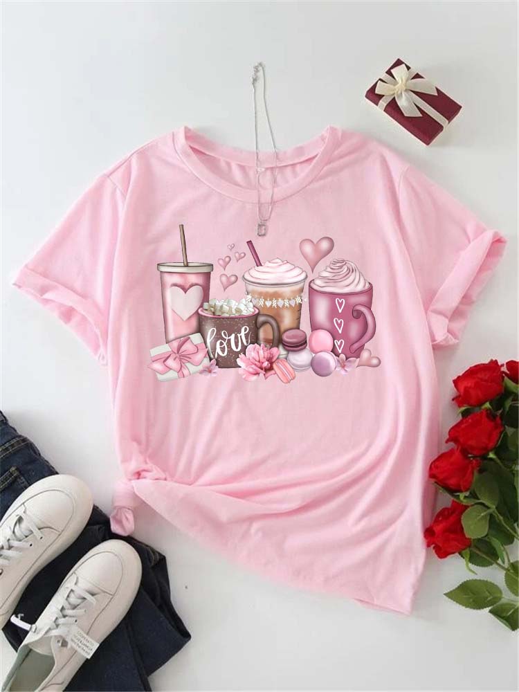 Women's T-shirt Korean Fashion Graphic Cup Print Women's Clothing T-shirts for Valentine's for Lovers Aesthetic Clothes Casual