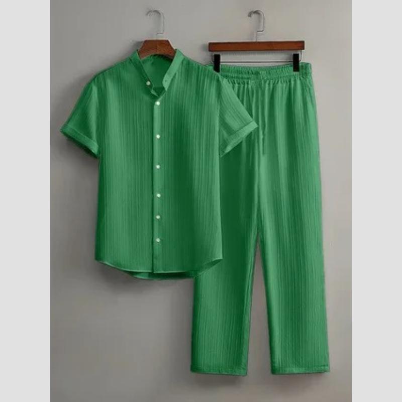 Herren Sommer Weißer Anzug Outdoor Reiseanzug Einfarbig Vertikaler Streifen Revers Kurzärmeliges Hemd Kordelzug Hose Zweiteiliges Set