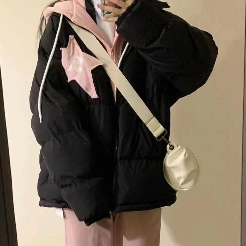 

Зимняя утепленная хлопковая куртка для женщин, американский ретро-стиль, дизайн из двух частей с капюшоном, свободная хлопковая куртка XL чёрный