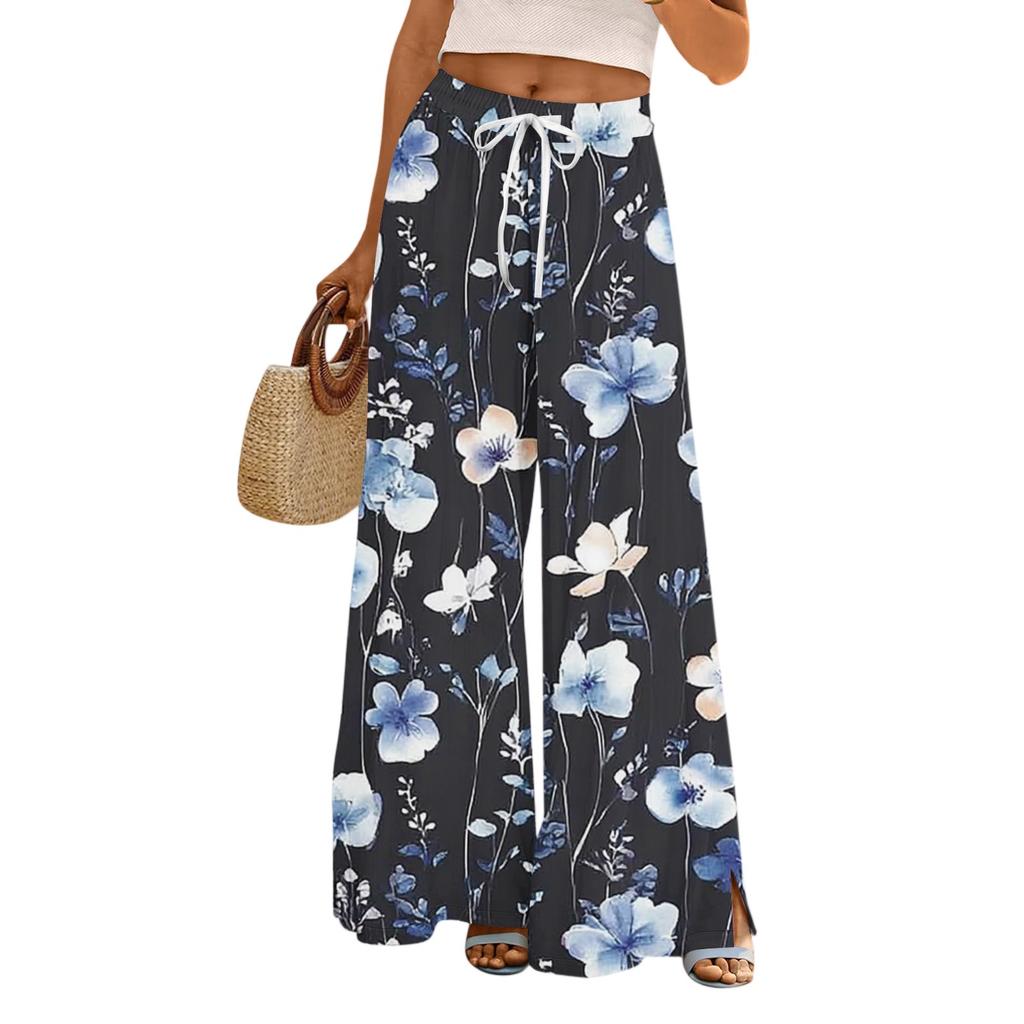 Women's Casual Wide Leg Pants Stretch Belt Pocket Floral Print Adjustable Tie Pants