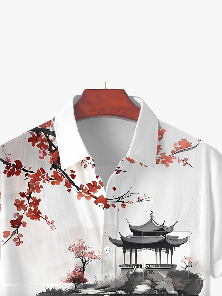[Printed Design - Not Texture] Men'S Short Sleeve Shirt - Sakura And Asian Architectural Design, Regular Fit Casual Shirt, Suitable for Summer Outdoor