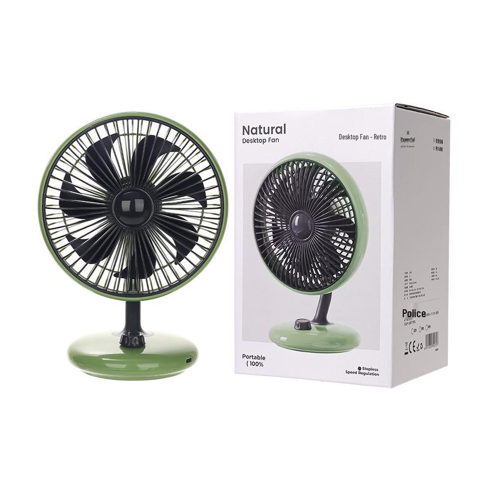 Retro USB-Powered Silent Desk Fan with Stepless Speed Control and Portable Brushless Motor