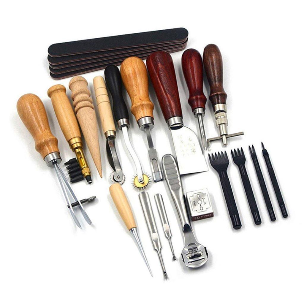 19pcs Set Leather Craft Punch Tools Leathercraft Stitching Carving DIY Handmade Groover