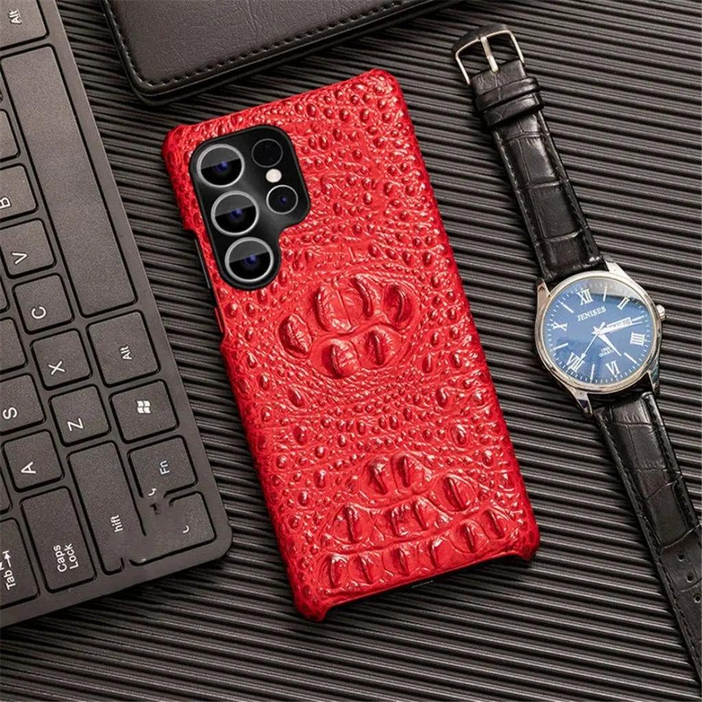 Echte Rindsleder Dünne Hülle Für Samsung Galaxy S10 S20 S21 S22 S23 S24 S25 Plus Ultra 3D Krokodil Schädel Rückseite Hülle