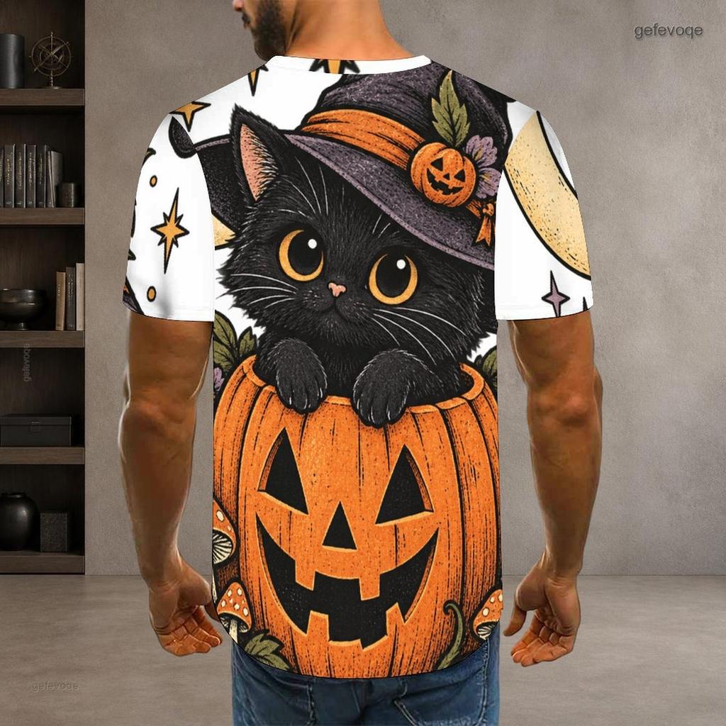 Men Plus Size Round Neck Short Sleeve T Shirt Halloween Black Cat Pumpkin Printed Pullover