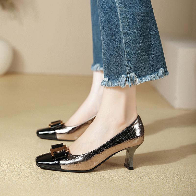 Color matching high heels women's stilettos are fashionable and sexy 2025 new fairy style women's shoes square head light mouth small heel single sho