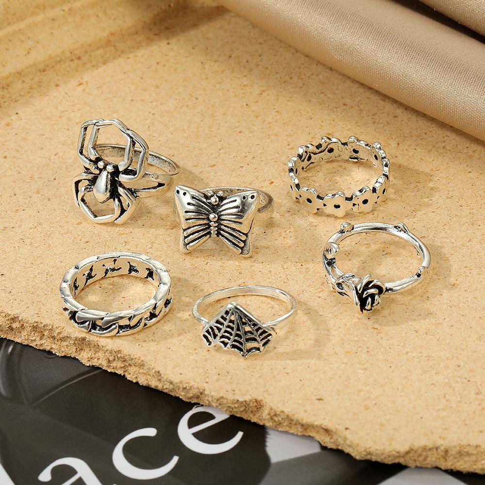 Ensemble de bagues Vintage sculptées à la main, araignée, papillon, Rose ajourée