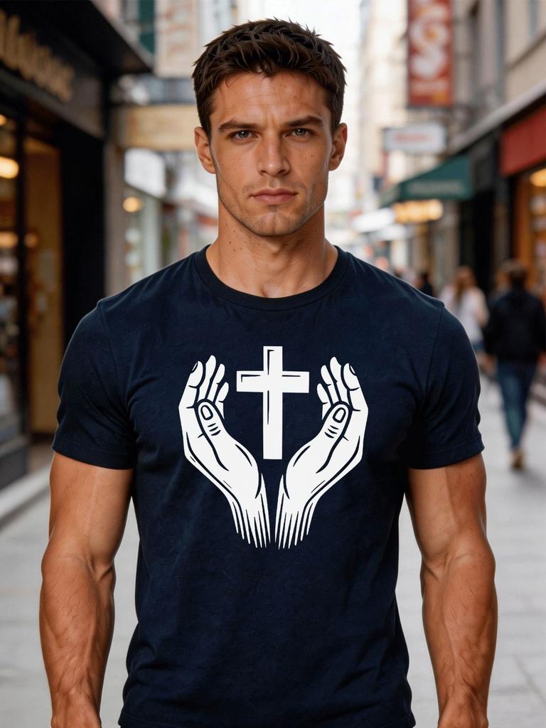 Male Cotton Short Sleeve T Shirt Prayer Hands Cross Pattern Loose Crew Neck Trendy Faith Casual Summer Tees For Young Adult Unisex