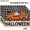 4pcs/6pcspc (4/6pcs) Placemats Suitable for Halloween Themed Table Decor with Orange Truck,, Bat & Pumpkin Patterns On Black Checkered Background - Ha