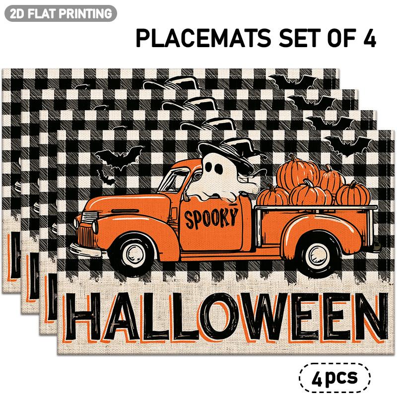 4pcs/6pcspc (4/6pcs) Placemats Suitable for Halloween Themed Table Decor with Orange Truck,, Bat & Pumpkin Patterns on Black Checkered Background - Ha
