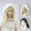 Rabbit Ears Headband Gothic Lace Hair Accessory with Satined Bowknot and Tie Back for Halloween Party and Anime Event Photo Styling