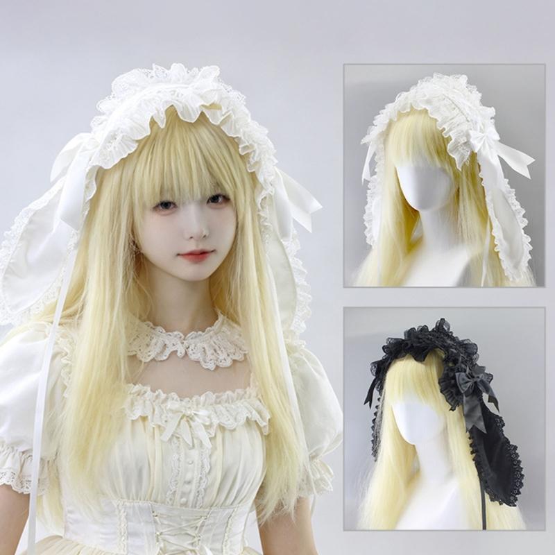 Rabbit Ears Headband Gothic Lace Hair Accessory with Satined Bowknot and Tie Back for Halloween Party and Anime Event Photo Styling