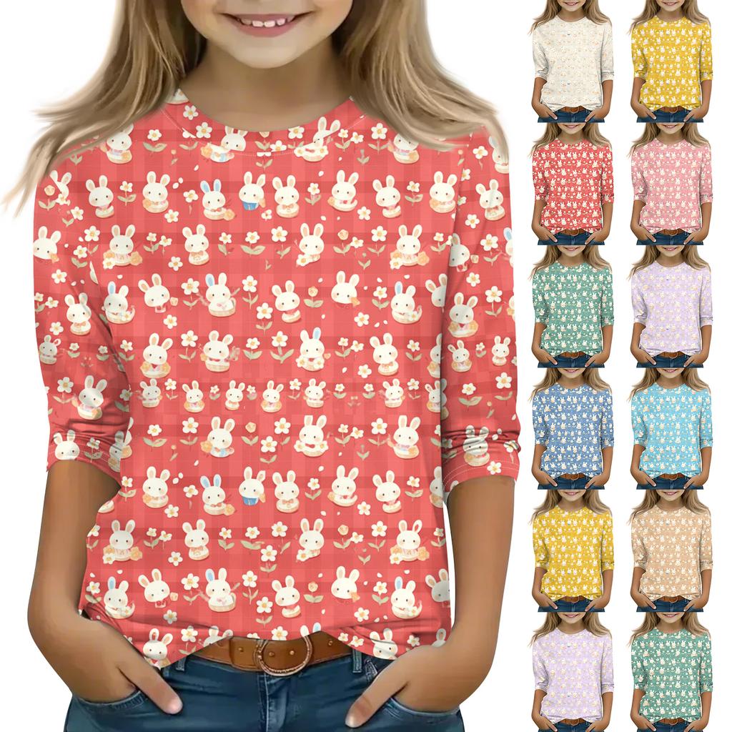 Print Tops For Youth Girls Round Neck 3/4 Sleeves T-Shirts Trendy Tops Outfit Tees