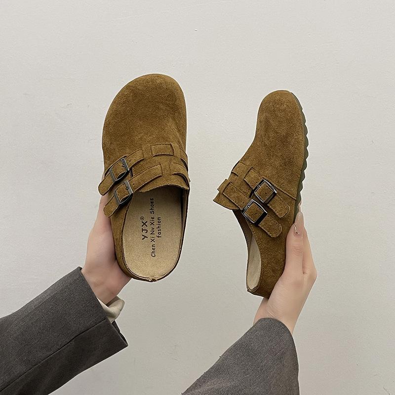 

Женские туфли из матовой кожи весна-лето 2025 года с сумкой на голову, на плоской подошве, из коровьего антибархата, желто-коричневые резиновые тапочки с сумкой на голову 40