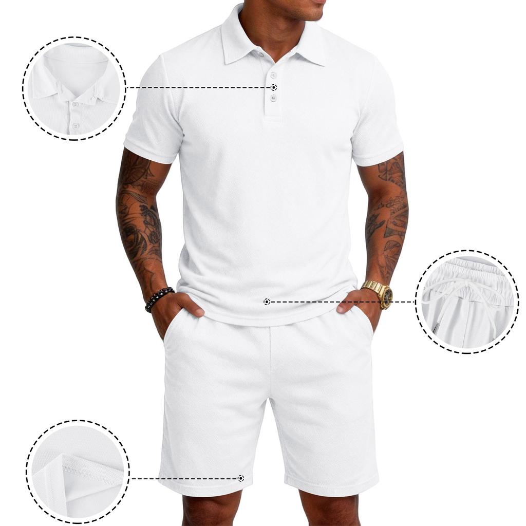 Men Short Sleeve Polo Shirt and Shorts Set Casual Two Piece Outfits Button Down Collar Top and Elastic Waist Bottoms for Daily Wear