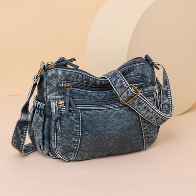 Vintage Washed Blue Crossbody Bag for Women Multi-Pocket Casual Shoulder Purse with Adjustable Wide Strap Large Capacity Crossbody Bag
