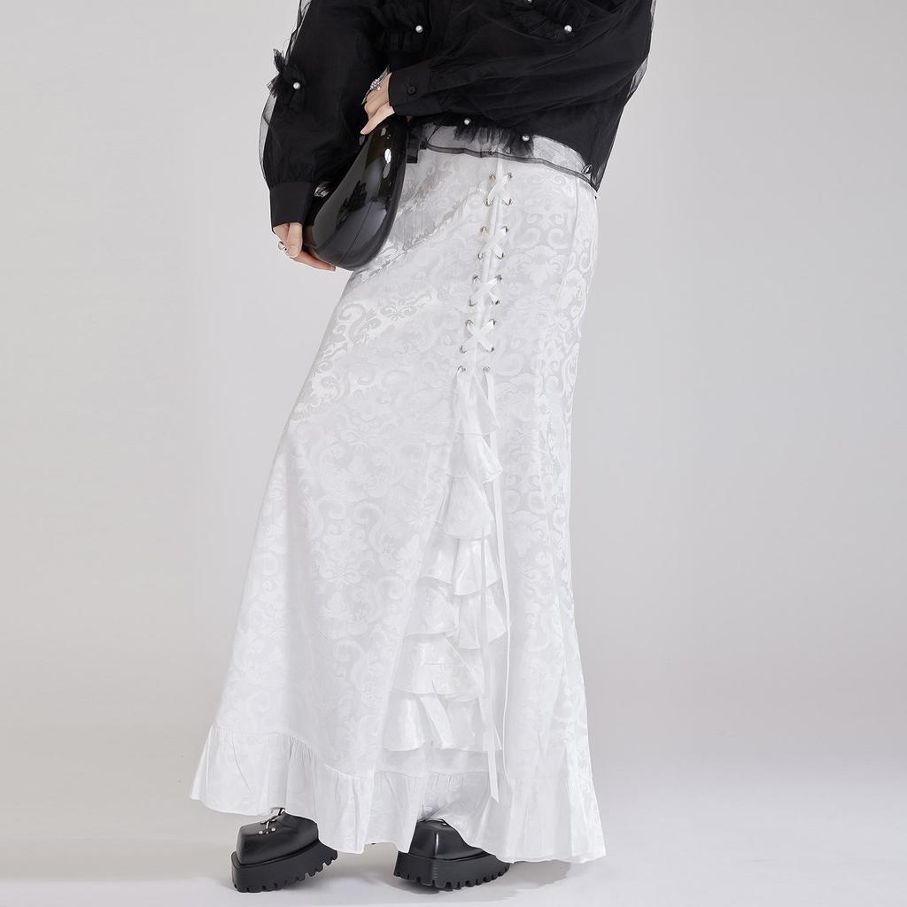 2025 Gothic Victorian Jacquard Fishtail Skirt with Lace-Up Detail