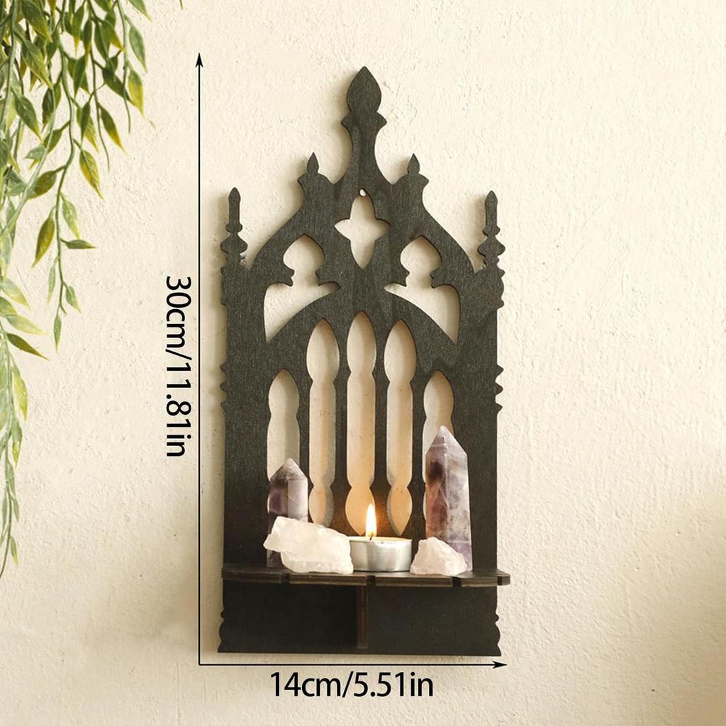 Medieval Throne Shape Wall Shelf Black Wooden Carving Hollowout Decorative Crystal Holders Display Floating Organizers Black Carving Wooden Shelf