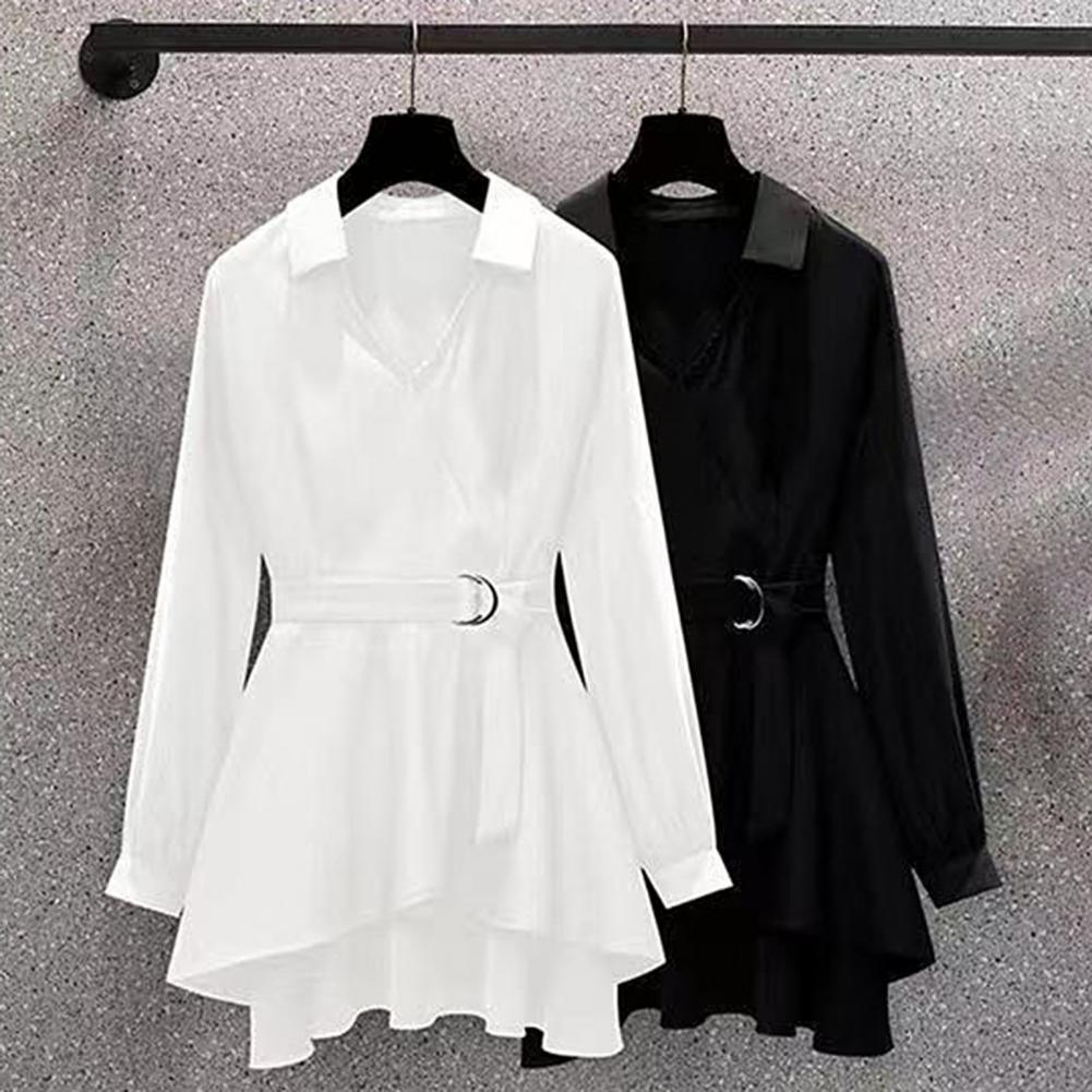 Abito camicia da donna con risvolto, scollo a V, maniche lunghe, orlo irregolare, vita stretta, cintura regolabile, pullover, maglietta, abbigliamento femminile