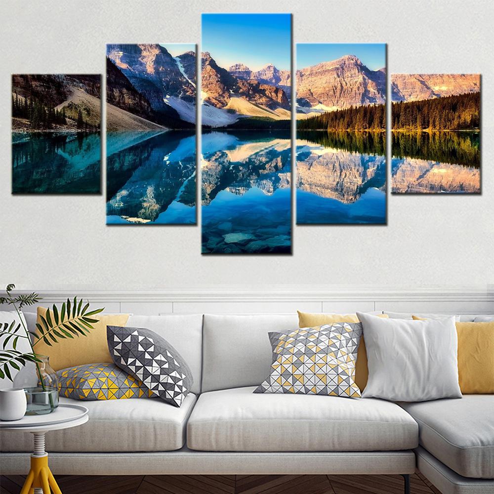 5 Pieces Nurture Canvas Painting Landscape Lake Reflect by Mountains Wallpaper Modular Picture Print Living Room Wall Artwork