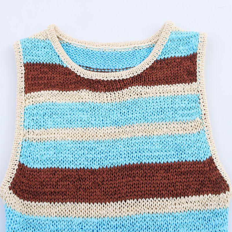 Kaslead New Women clothes Western Style Laminated Decoration Stripe Sleeveless Knitted Top 2142099 330