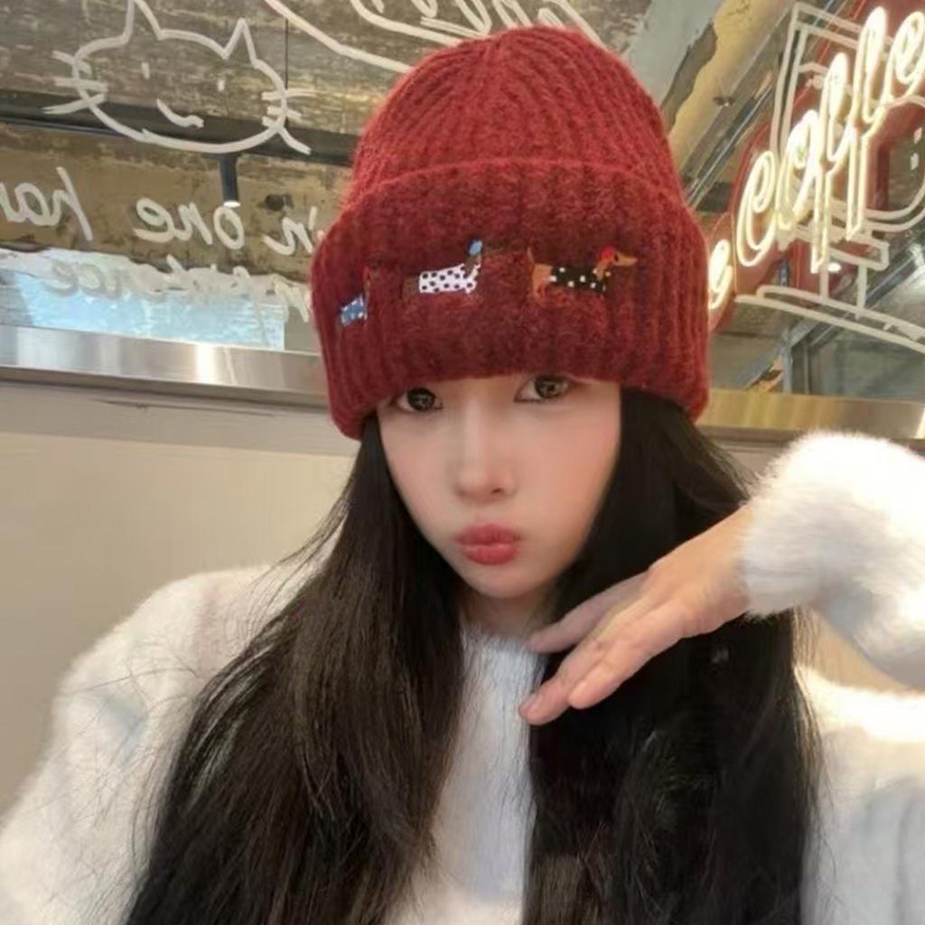 Grey cute dachshund embroidered knitted hat for children, thickened warm big head circumference wool hat, small face baotou hat