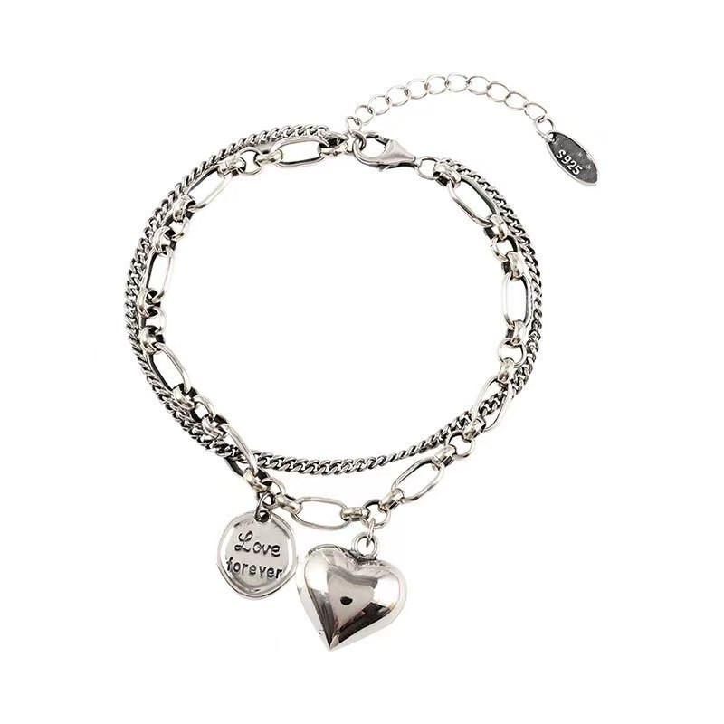 925 Silver Plated Heart Double Layer Bracelet - Hip Hop Street Style Punk Jewelry for Women