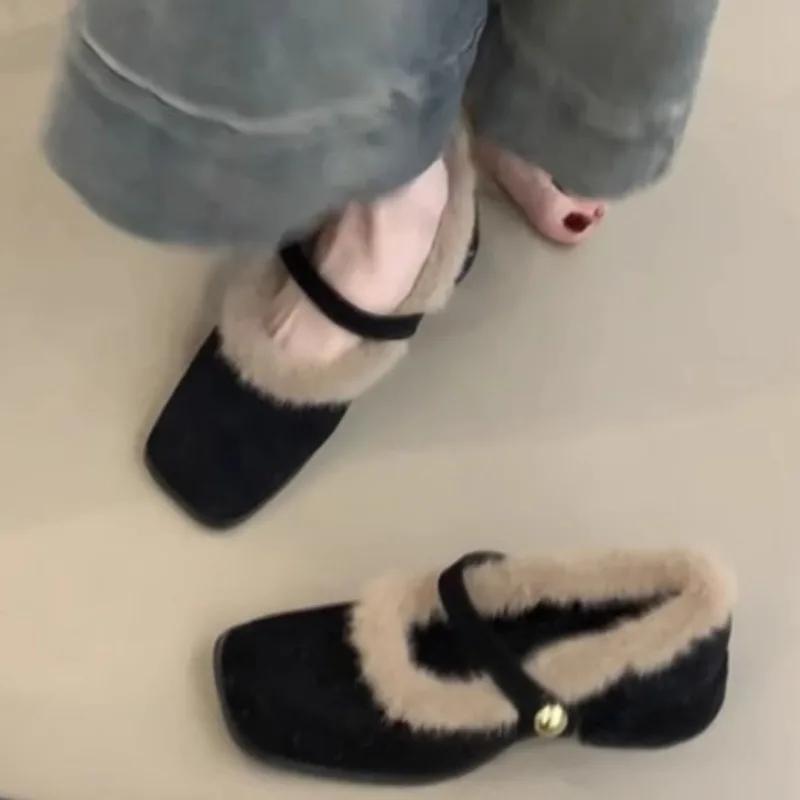 Mode Damenmode Dicke Ferse Baumwollstiefel Winter Neu Eckige Spitze Flacher Ausschnitt Wildleder Rutschfest Abriebfest Niedrige Schuhe