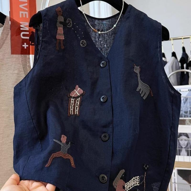 Women Cartoon Character And Animal Embroidered V Neck Button Front Linen Blend Sleeveless Vest