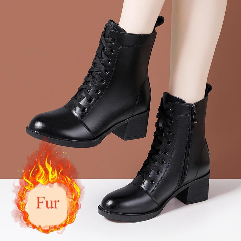 

5.5см Чоботи з натуральної шкіри в британському стилі Жіноче взуття Зима 2025 Середні блочні підбори Тепле хутро Ботильйони Мотоциклетні чоботи Офіс Мама 39