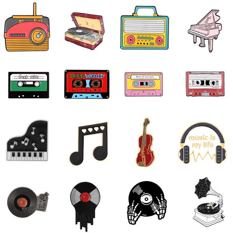 Creative Music Symbol Instrument Enamel Pins Piano CD Graphophone Rock Guitar Headset Alloy Brooch Badge Sweet Jewelry Gift