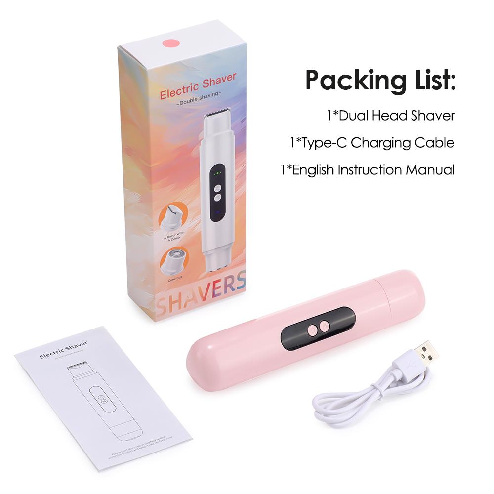 

Женские электрические бритвы 2 в 1 с двойной головкой, безболезненный триммер для бикини, триммер для волос на ногах, для влажного и сухого использования, эпилятор для тела, водонепроницаемый розовый