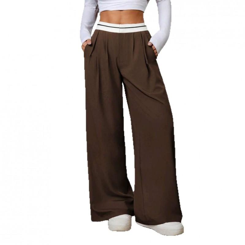 Womens 2026 Loose Fit Wide Leg Trousers With Contrast Waistband Lightweight Woven Fabric Mid-Rise Straight Cut