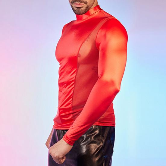 Men Sexy Mesh T-Shirt Oil Glossy Shiny Top Patchwork Tight-Fit Top Breathable Long Sleeve